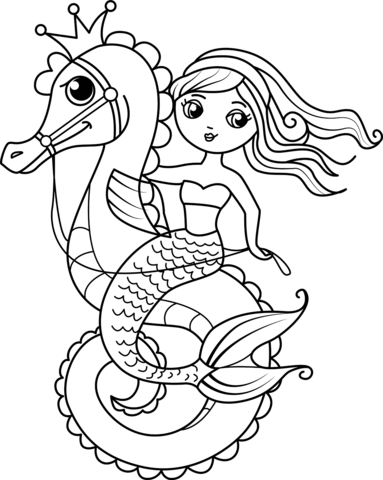 Mermaid With Seahorse Coloring Page